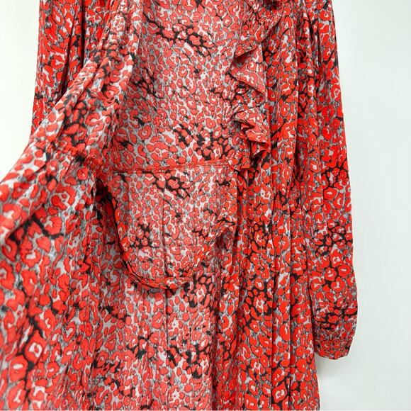 SALE!!! Maje Red Ruffle-trimmed Leopard-print Crepe Mini Wrap Dress - Picture 6 of 10